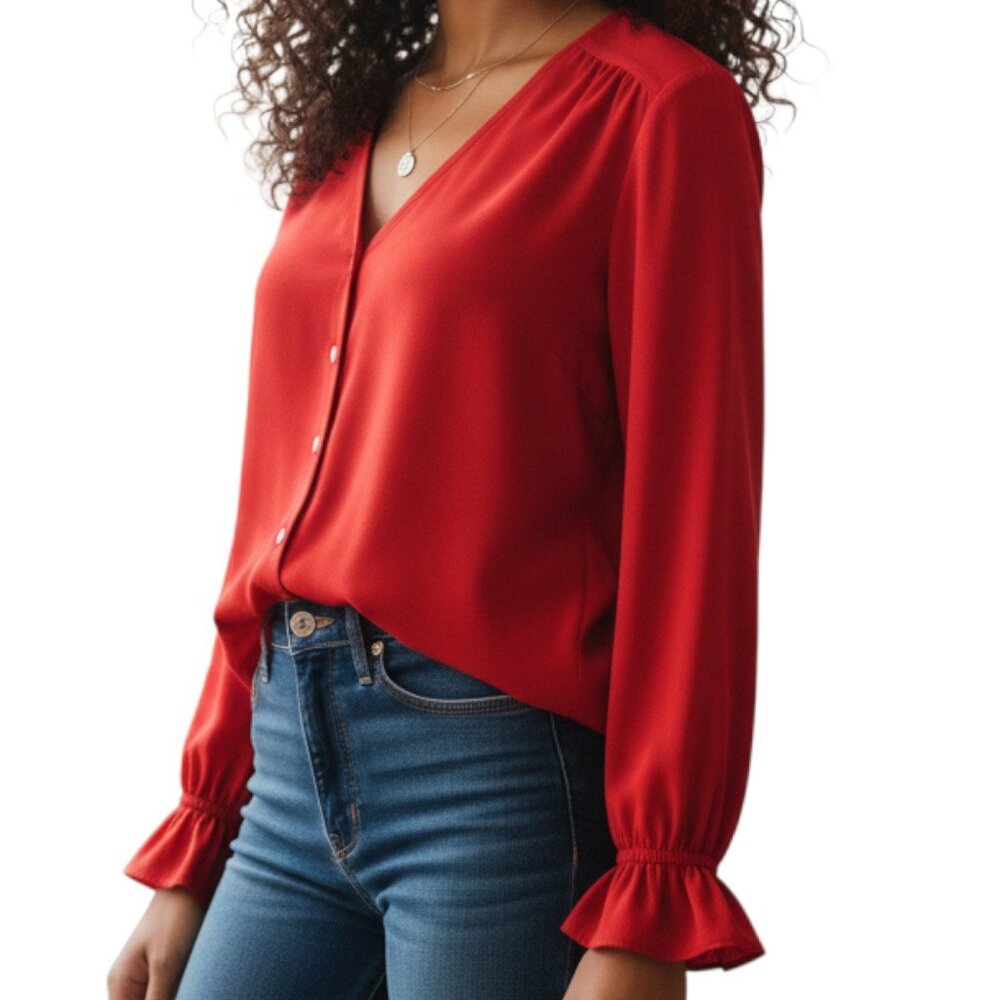 LOFT Red V-Neck Button Front Blouse